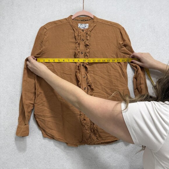 Pilcro Shirt Womens Small Brown Linen Blend Ruffle Button Front Anthropologie - Picture 6 of 9